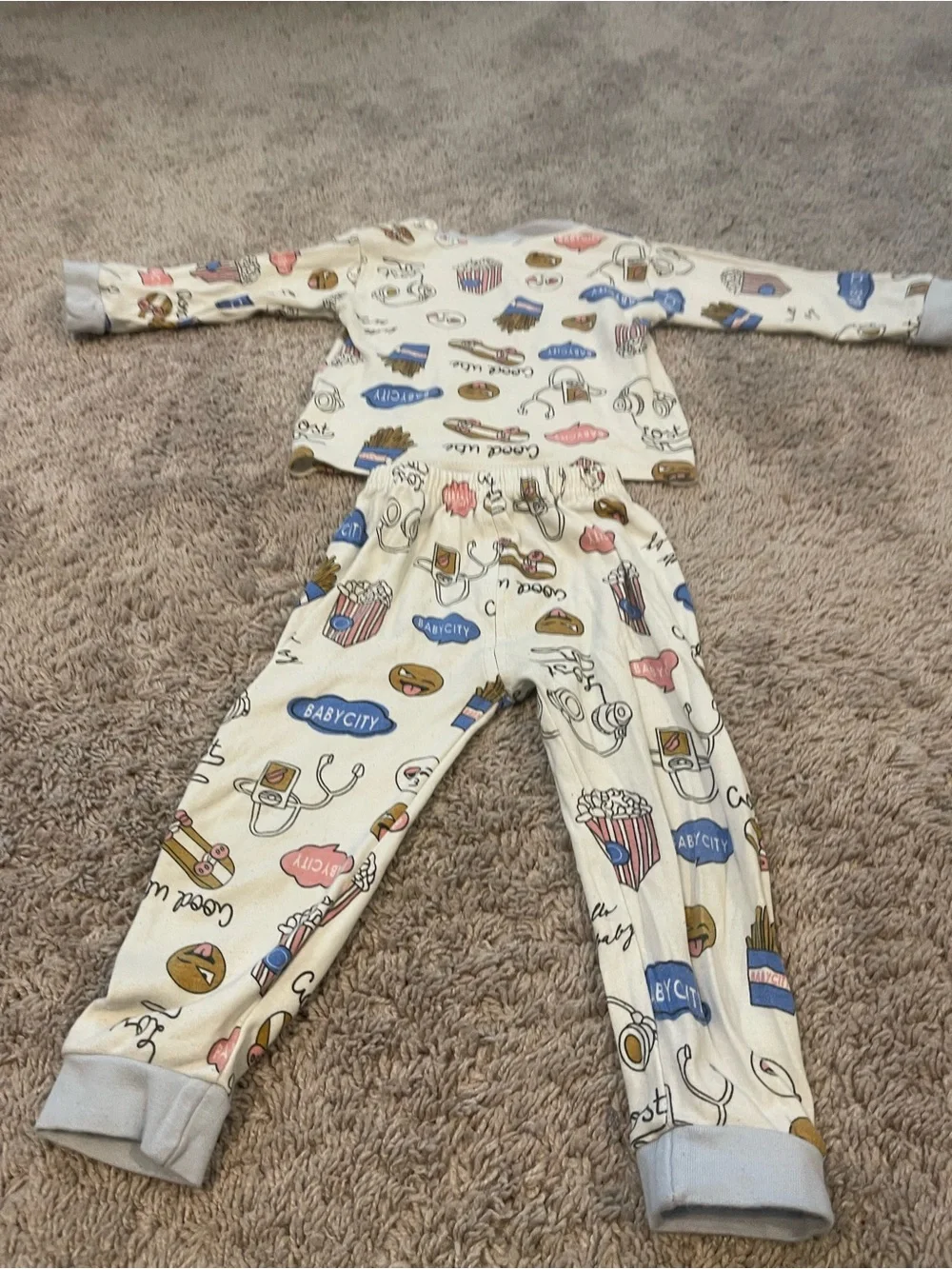 Cream Kids Pajama Set with Snack Print